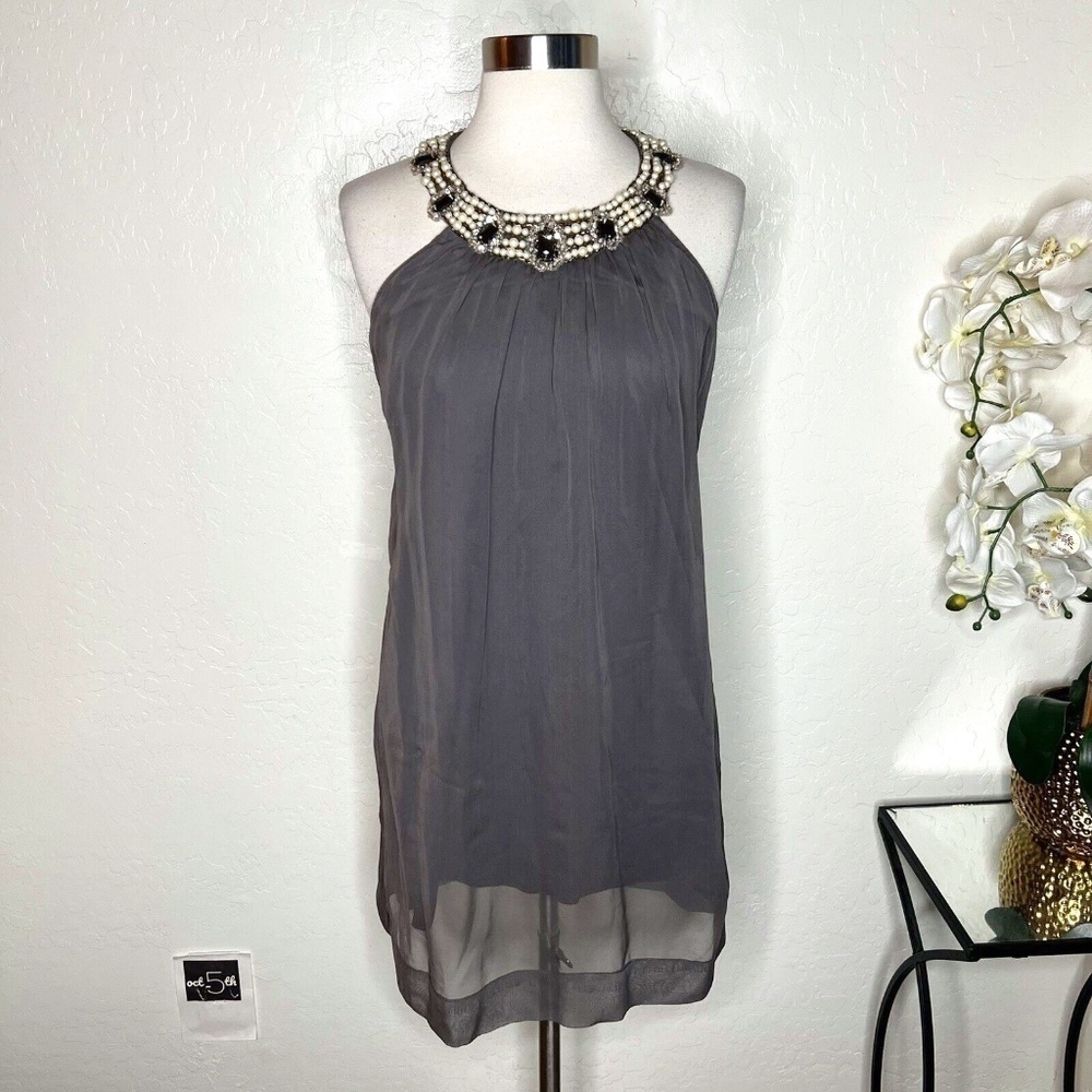 Vintage BIANCA NERO Gray Silk Chiffon Pearl Neck Babydoll Dress Size S (?)